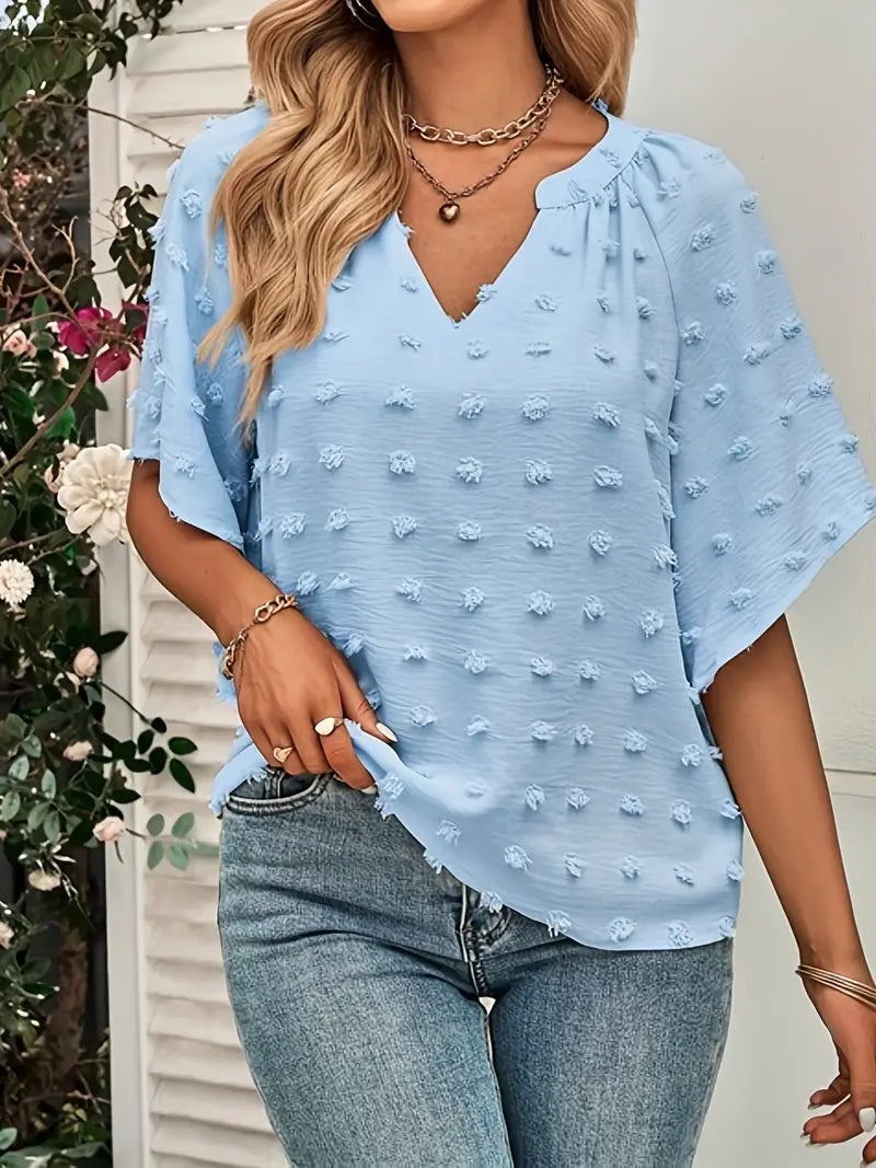 Valenzora | Elegant and stylish V-neck top with Swiss polka dots