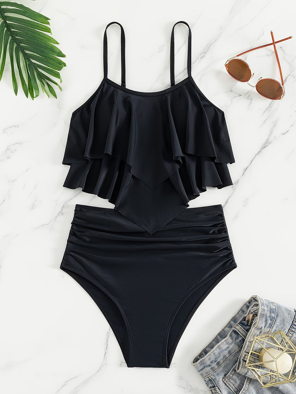 Valenzora | Ruched, Layered Two-Piece Black Tankini for Women