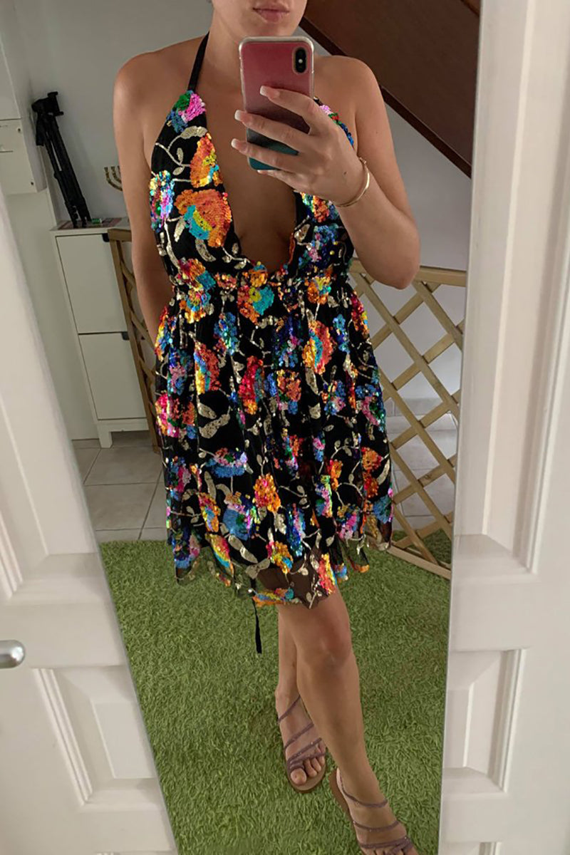 Valenzora | Rainbow Sequin Open Back Slip Mini Dress