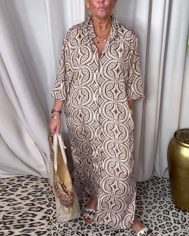 Valenzora | Vintage Printed Maxi Dress with Lapel Pockets