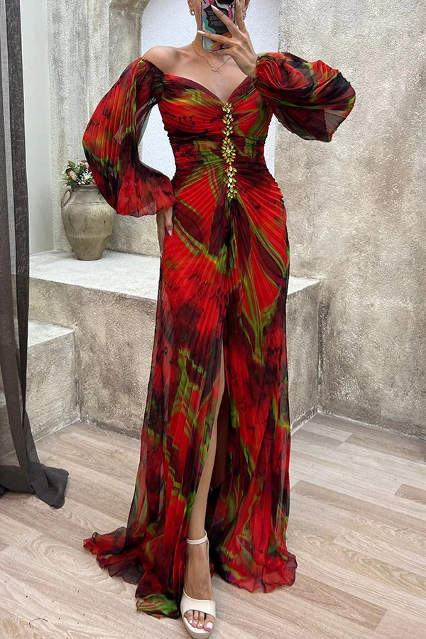 Valenzora | Sunset Serenade Printed Off-Shoulder Maxi Dress with Diamond Embellishments and Pleated Skirts with Slits