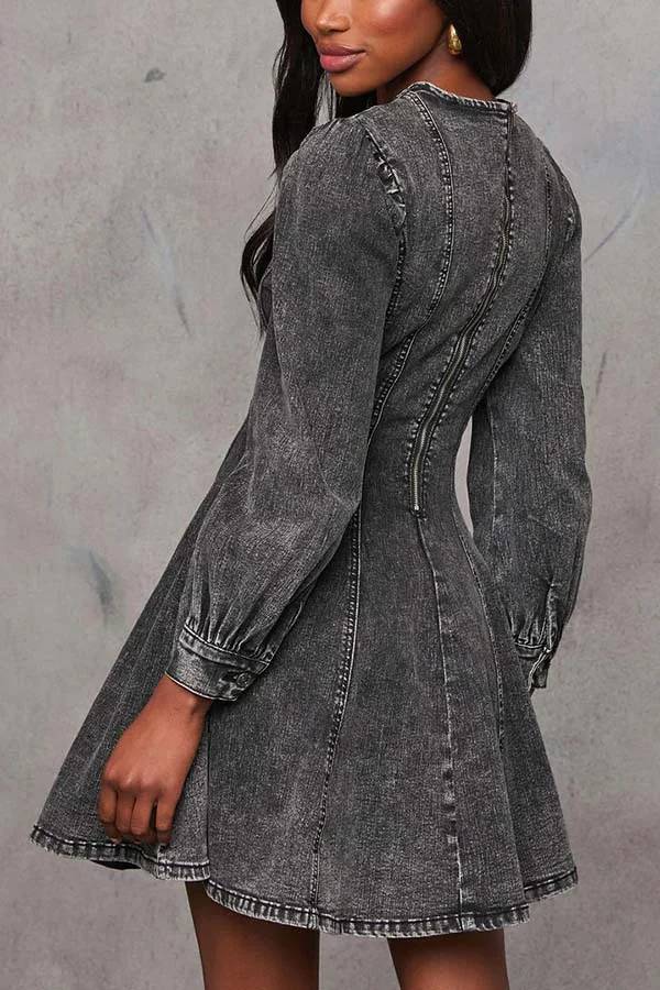 Valenzora | Fade Into You Denim Princess Line Back Zipper Flare Stretch Mini Dress