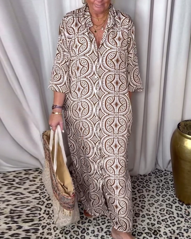 Valenzora | Vintage Printed Maxi Dress with Lapel Pockets