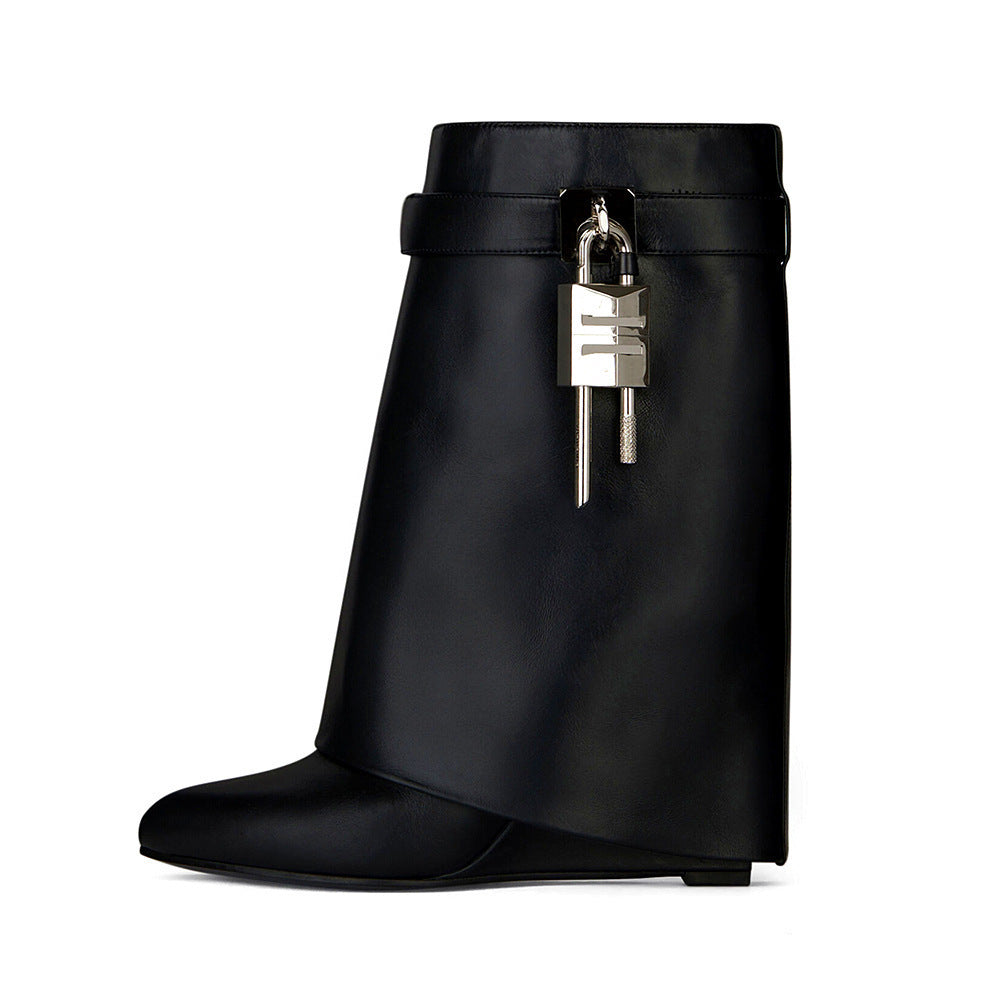 Valenzora | Women's Fashion Slanted Heel Round Toe Leather Upper High Heel Zipper Short Boots