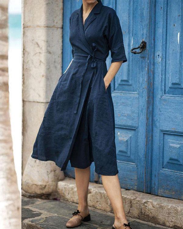 Valenzora | Kleid mit Gürtel und Kragen aus Baumwolle-Leinen