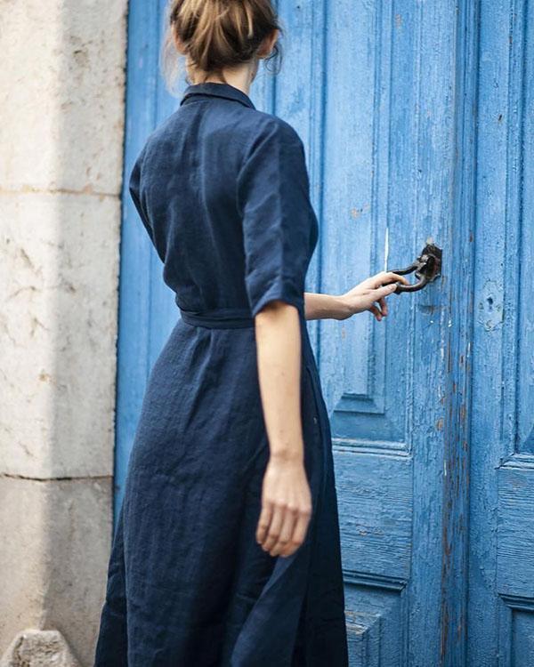 Valenzora | Kleid mit Gürtel und Kragen aus Baumwolle-Leinen