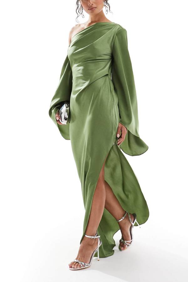 Valenzora | Zayla Satin Asymmetrical One Shoulder Bell Sleeve Slit Maxi Dress