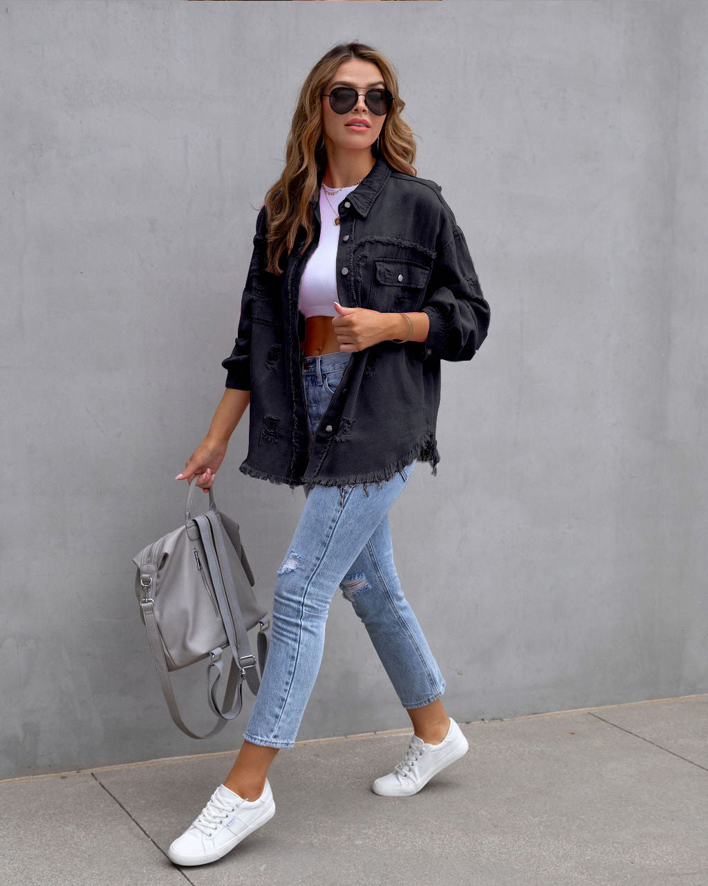 Valenzora | Denim Blouse - Women's denim jacket with fringed details and button closure