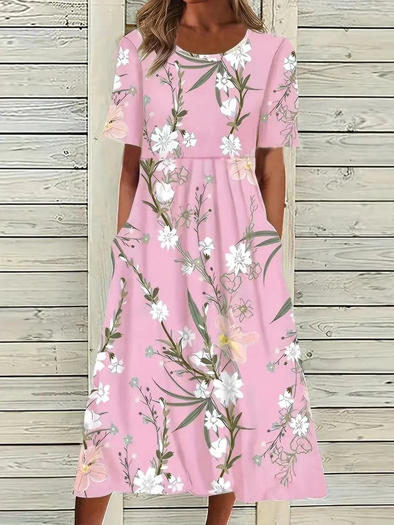Valenzora | Midikleid mit Blumenmuster, Rundhalsausschnitt, kurzen Ärmeln, luftig und bequem