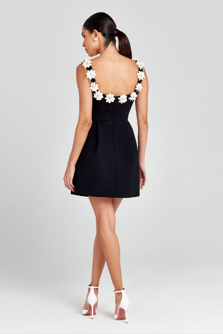 Valenzora | Cindy Faux Pearl Flower Applique Square Neckline Pockets Mini Dress