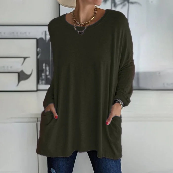 Valenzora | Fashionable tunic top with pockets - Relaxed fit, round neck, long sleeves