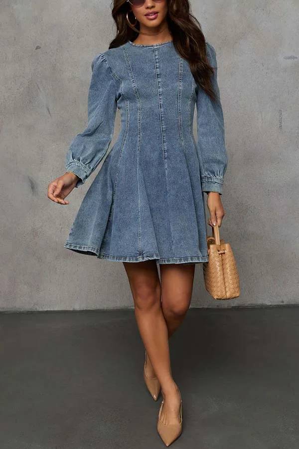 Valenzora | Fade Into You Denim Princess Line Back Zipper Flare Stretch Mini Dress