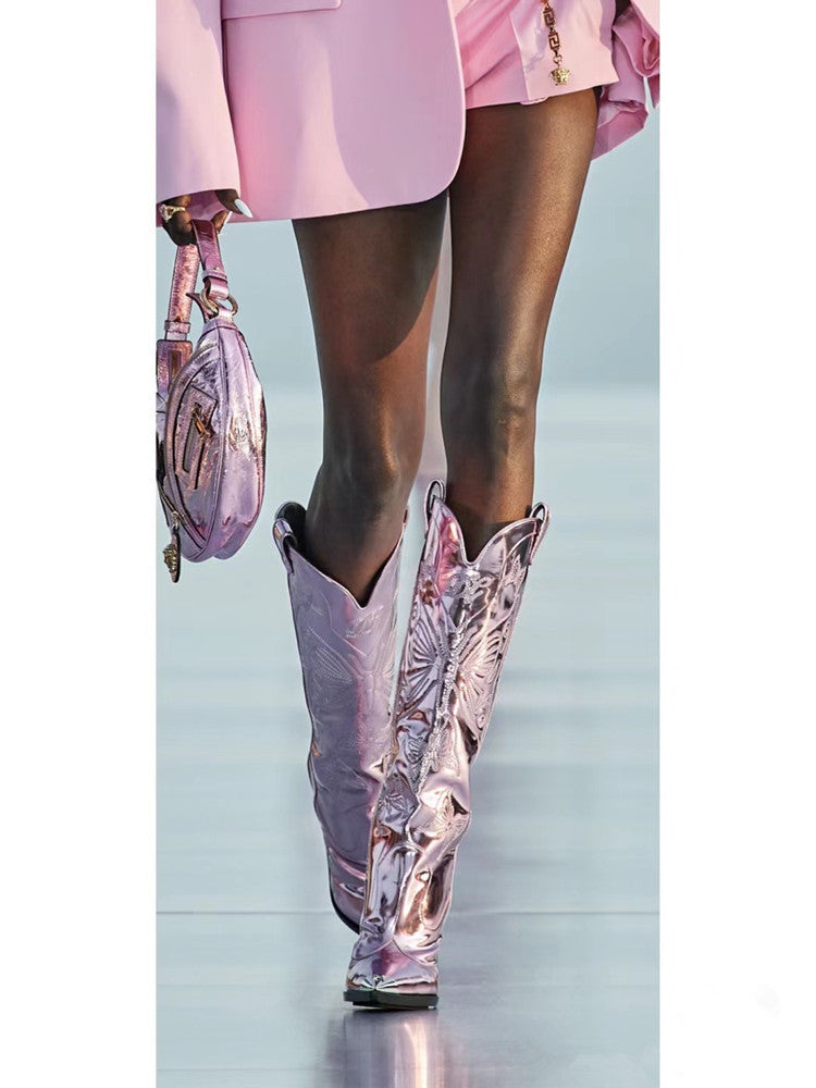 Valenzora | Women's High-Heeled Metal Pointed Toe Bow Embroidered Boots
