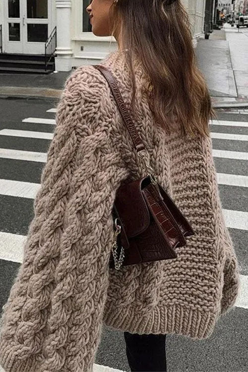 Valenzora | Rosiedress Grobstrickpullover mit Rundhalsausschnitt und Zopfmuster