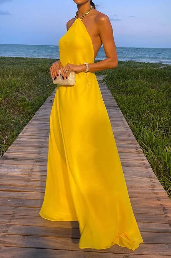 Valenzora | Sunny In Santorini Chain Halter Backless A-Line Holiday Maxi Dress