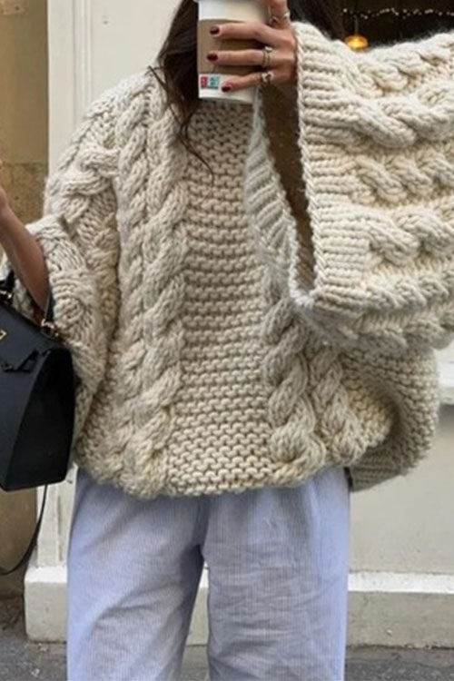 Valenzora | Rosiedress Grobstrickpullover mit Rundhalsausschnitt und Zopfmuster