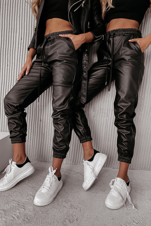 Valenzora | Drasilla Faux Leather Elastic Waistband Pockets Jogger
