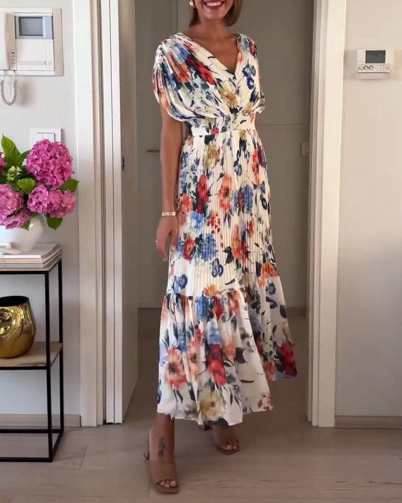 Valenzora | Beautiful Elegant Pleated Dress with Floral Pattern