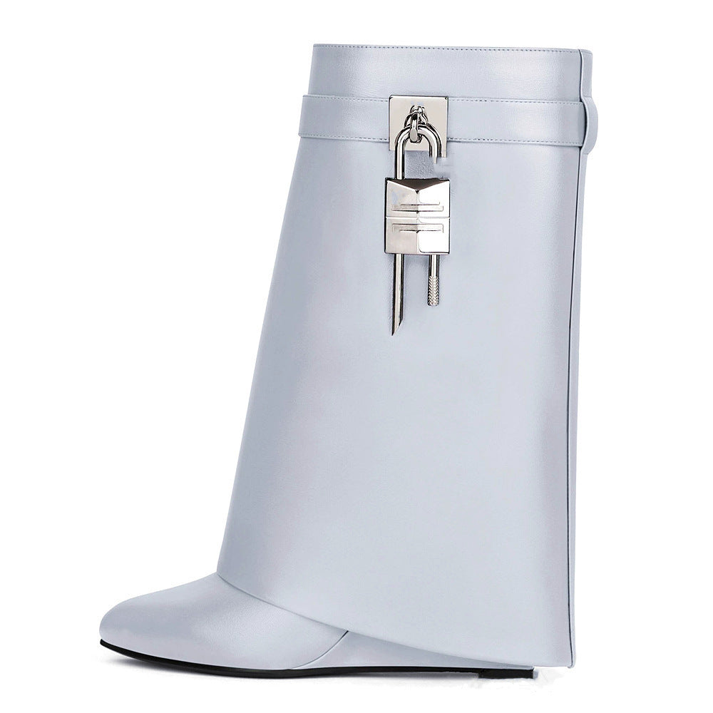 Valenzora | Women's Fashion Slanted Heel Round Toe Leather Upper High Heel Zipper Short Boots