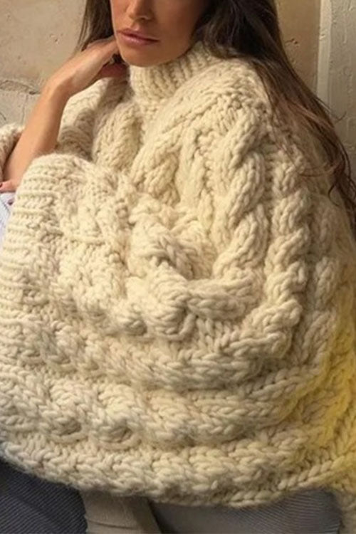 Valenzora | Rosiedress Grobstrickpullover mit Rundhalsausschnitt und Zopfmuster