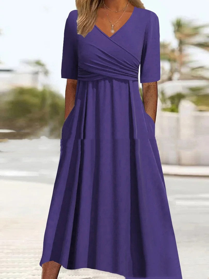 Valenzora | Blaues, schlichtes Midikleid mit V-Ausschnitt