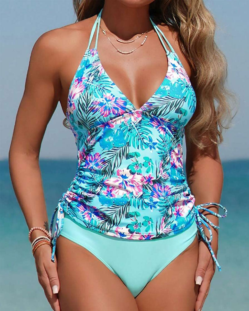 Valenzora | Two-piece tankini with floral pattern, halter neck, triangle