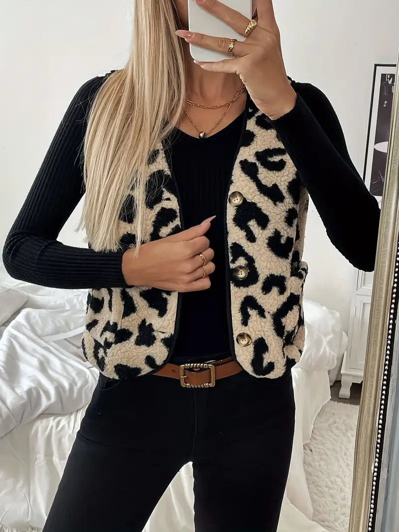 Valenzora | Sleeveless faux fur vest with leopard print for women