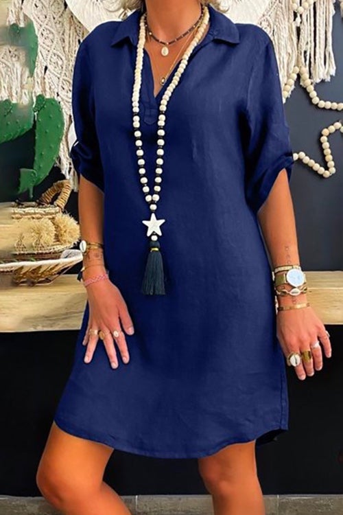 Valenzora | Rosiedress Lapel V-Neck Roll-Up Sleeve Shirt Dress