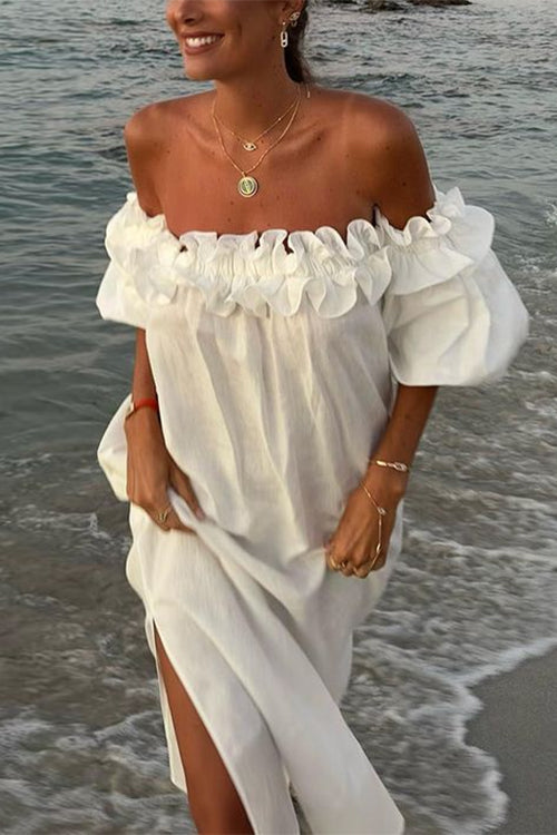 Valenzora | Rosiedress Off Shoulder Ruffle Trim Slit Cotton Linen Maxi Holiday Dress