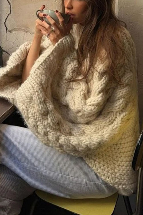Valenzora | Rosiedress Grobstrickpullover mit Rundhalsausschnitt und Zopfmuster