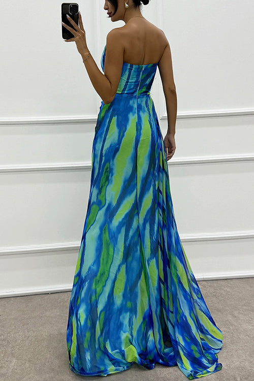 Valenzora | Rosiedress Trägerloses Maxi-Kleid aus bedrucktem Chiffon mit Rosendetail und hohem Schlitz