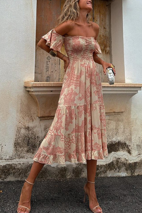 Valenzora | Carmen-Midikleid mit gesmoktem Oberteil