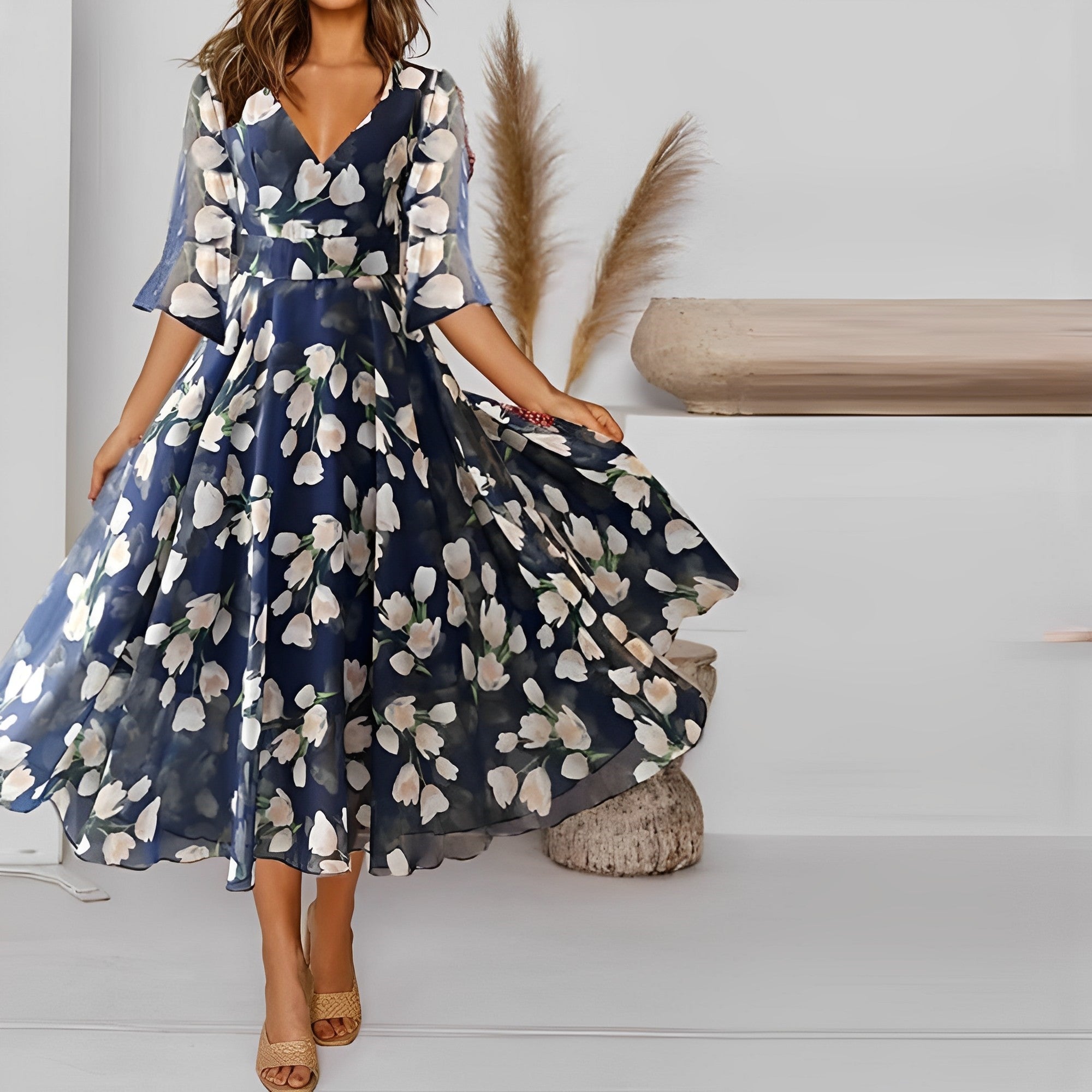 Valenzora | Floral siphonic dress with a wide V-neck