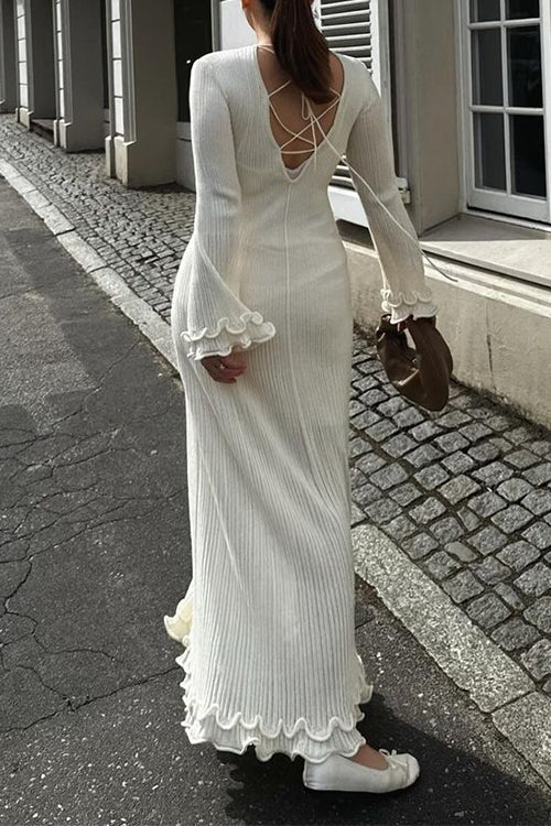 Valenzora | Rosiedress Bell Sleeve Back Lace-Up Ruffle Trim Maxi Dress
