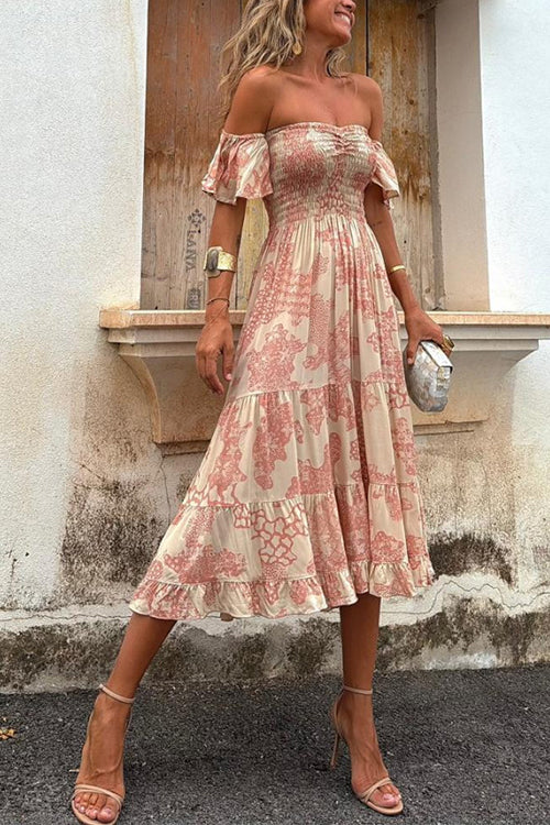 Valenzora | Carmen-Midikleid mit gesmoktem Oberteil