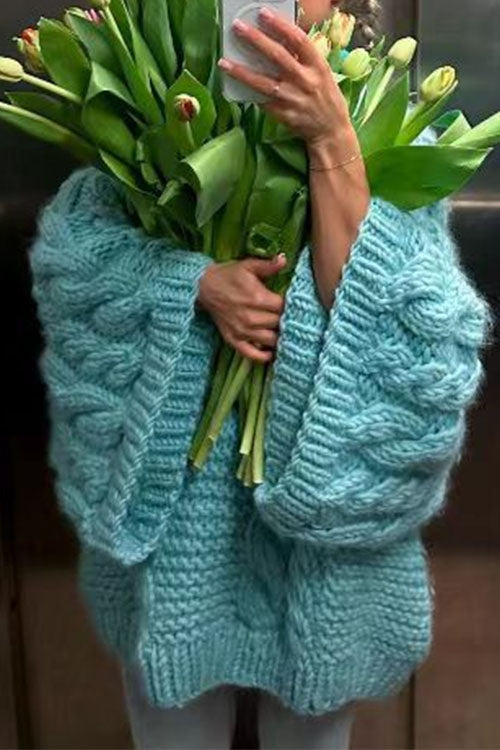 Valenzora | Rosiedress Grobstrickpullover mit Rundhalsausschnitt und Zopfmuster