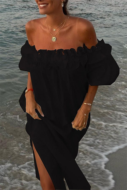 Valenzora | Rosiedress Off Shoulder Ruffle Trim Slit Cotton Linen Maxi Holiday Dress