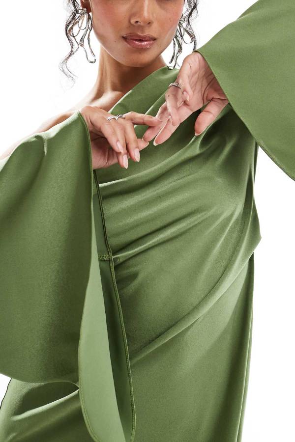 Valenzora | Zayla Satin Asymmetrical One Shoulder Bell Sleeve Slit Maxi Dress