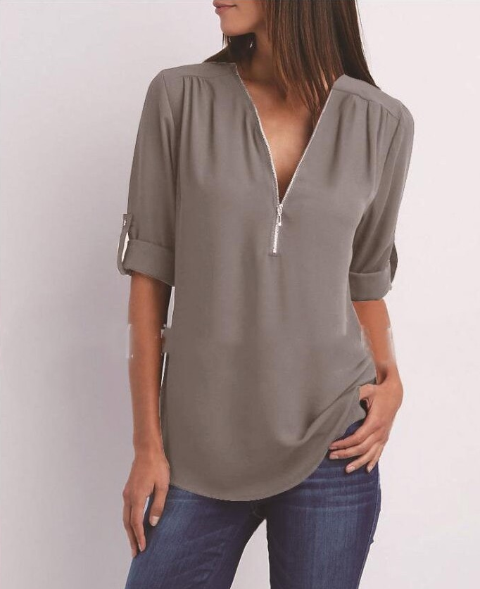 Valenzora Short-sleeved shirt with zipper and V-neck - Loose tops