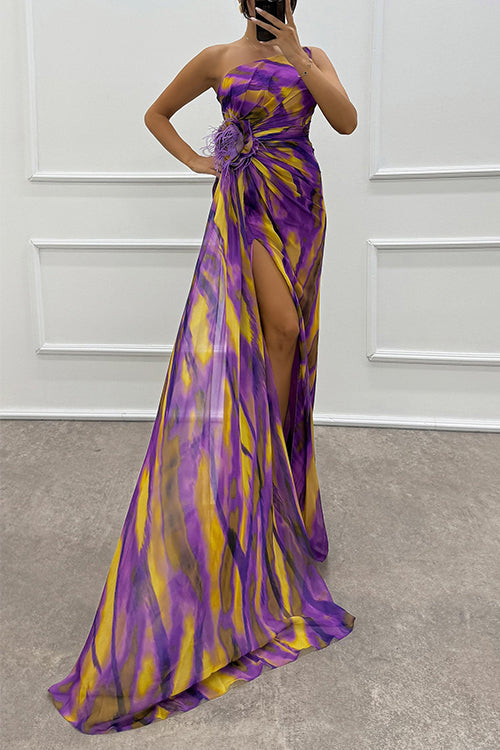 Valenzora | Rosiedress Trägerloses Maxi-Kleid aus bedrucktem Chiffon mit Rosendetail und hohem Schlitz