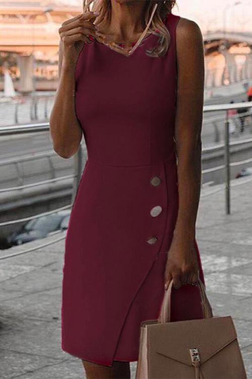 Valenzora | Rosiedress Round Neck Button Sleeveless Office Dress