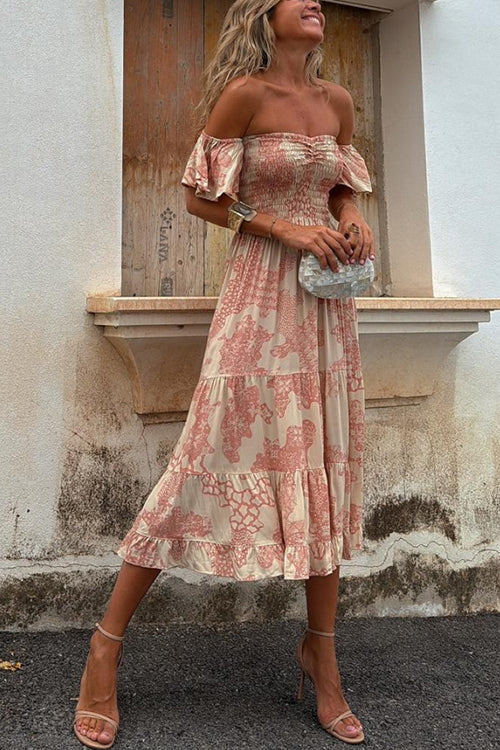 Valenzora | Carmen-Midikleid mit gesmoktem Oberteil