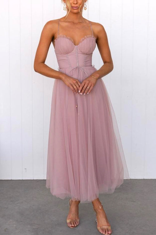 Valenzora | Rosiedress Back Cutout Tie Belt Mesh Swing Maxi Spaghetti Strap Dress