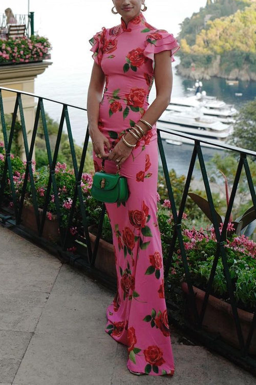 Valenzora | Ruffled Sleeves Rose Pattern Maxi Cheongsam Dress