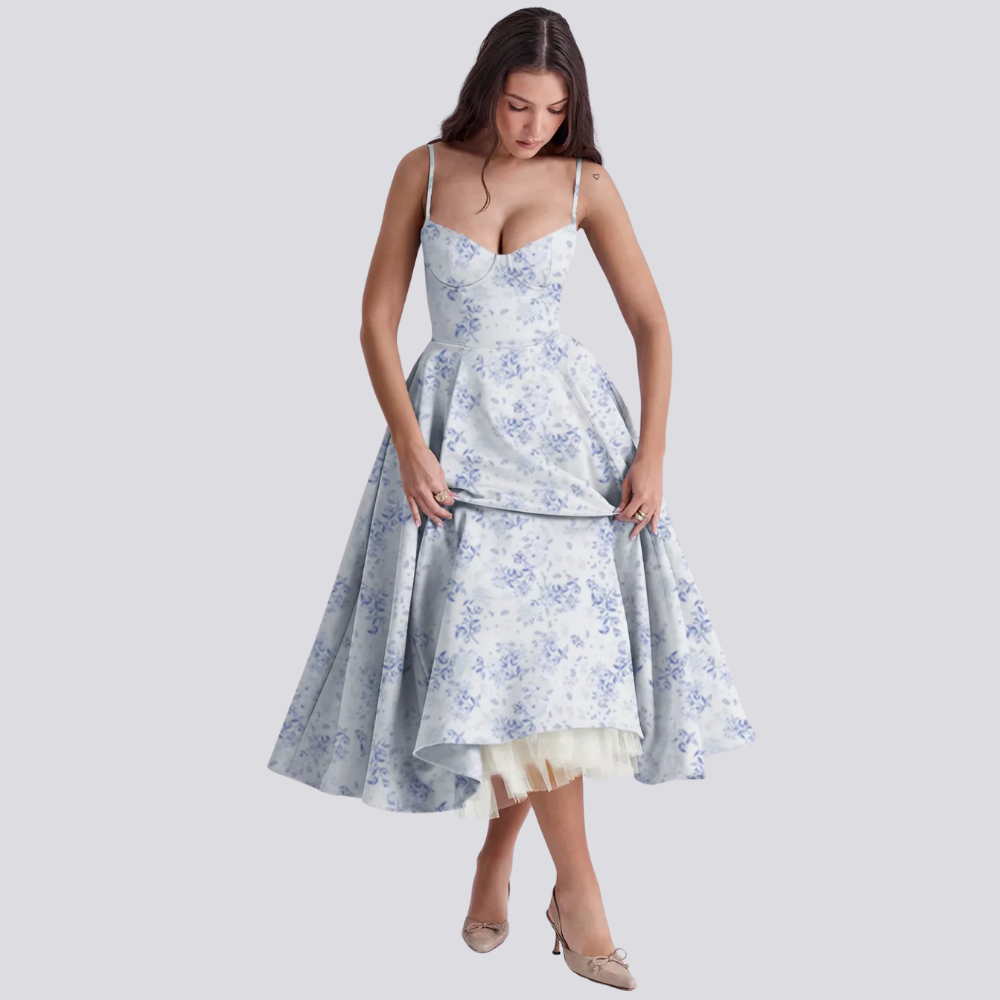 Valenzora | Feminine floral midi dress with corset top