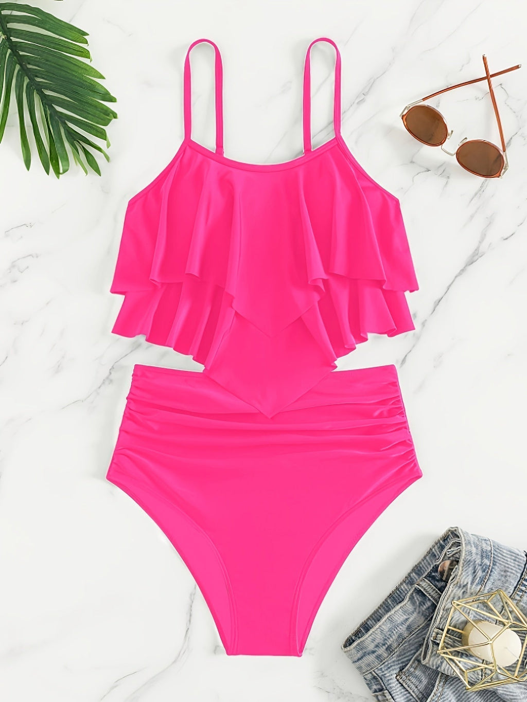 Valenzora | Ruched, Layered Two-Piece Black Tankini for Women