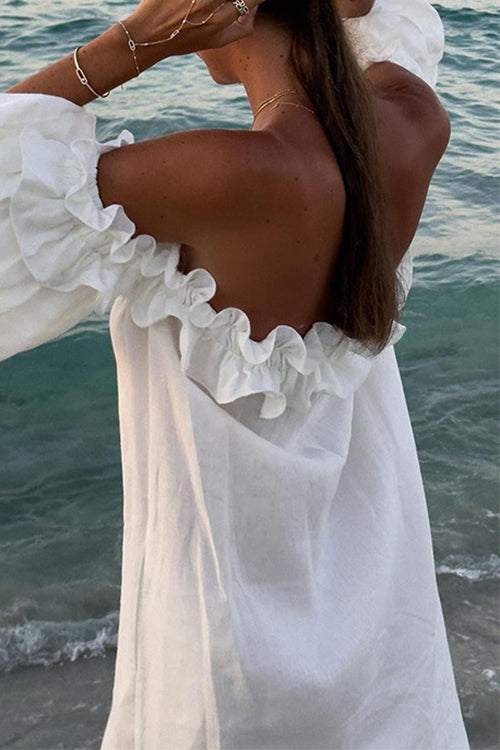 Valenzora | Rosiedress Off Shoulder Ruffle Trim Slit Cotton Linen Maxi Holiday Dress