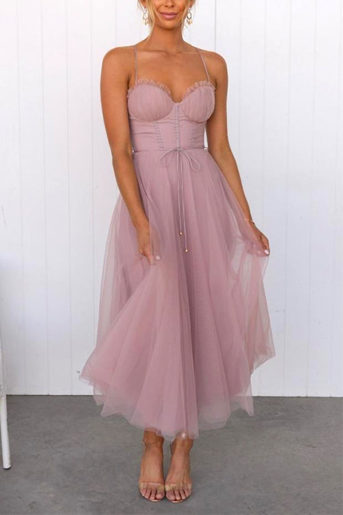 Valenzora | Rosiedress Back Cutout Tie Belt Mesh Swing Maxi Spaghetti Strap Dress