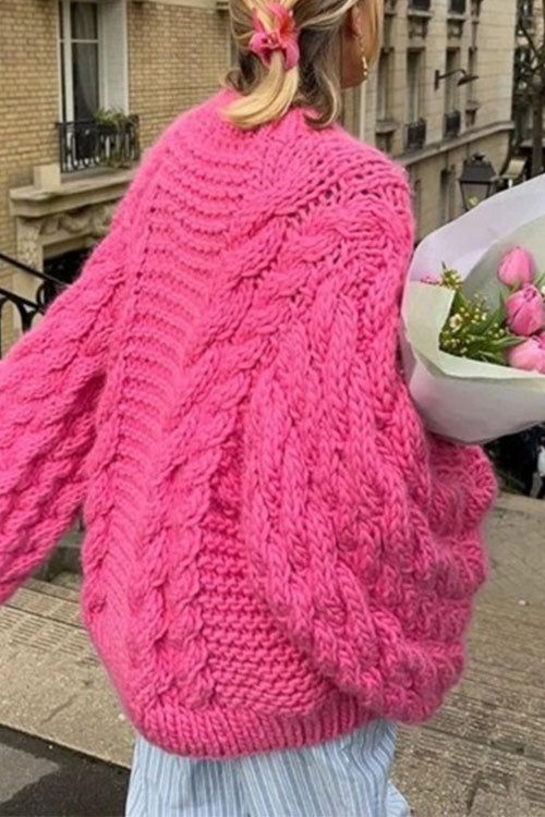 Valenzora | Rosiedress Grobstrickpullover mit Rundhalsausschnitt und Zopfmuster