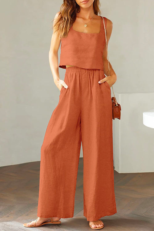Valenzora | Rosiedress Square Collar Cami Crop Top Wide Leg Trousers Cotton Linen Set